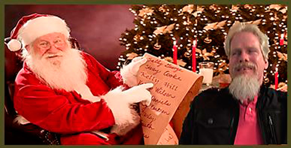 Santa pointing to a list where Kelly Hill's name is written along with Kelly sitting next to Santa